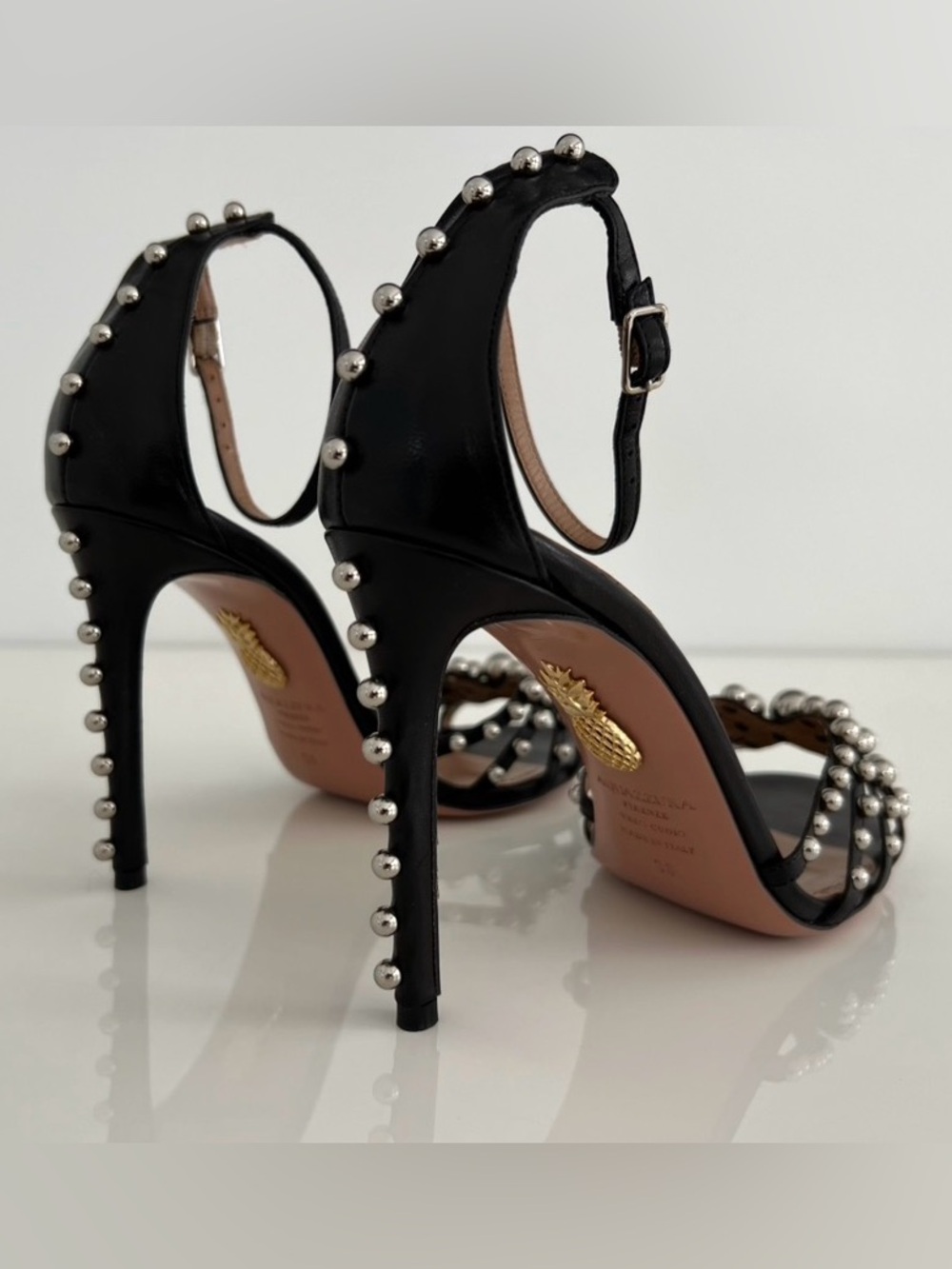 AQUAZZURA BLACK LEATHER SILVER STUDDED SANDALS SIZE IT 38 / US 8 - Picture 11 of 17